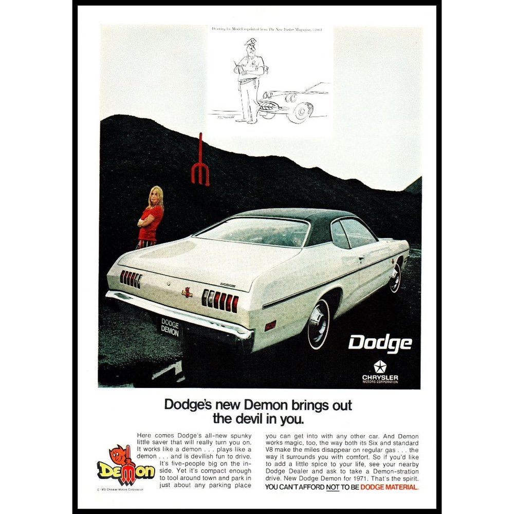 1971 Dodge Demon 2 Door Coupe Vintage Print Ad Black Rock Yard Wall Art 8x11